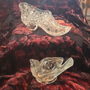 Vintage Clear Glass Duo;Victorian style Shoe & Bird Salt Cellar, Trinket Holders